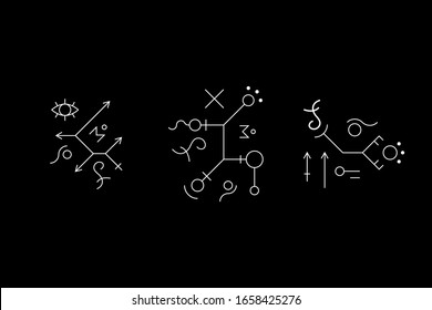 Mysterious geometry symbol set. Ancient secret  inscriptions and letters. Eye sign. Cave drawings. UFO signs. Design symbols for puzzle, logic, metroidvania and indie games. Vector stock illustration.
