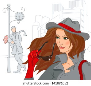 Mysterious girl goes on a date with a young man. Vector