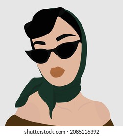 Niña misteriosa con una bufanda verde, gafas negras. Imagen plana vectorial de una niña en una blusa reveladora. Diseño para tarjetas, avatares, carteles, fondos, textiles, plantillas.