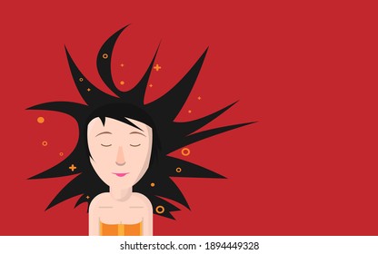 Mysterious girl with loose hair in the shape of ravens on red background. No text. Suitable for the design of a holiday card, poster, flyer, print or other.