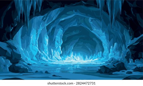 Mysterious Glowing Blue Ice Cave with Frozen Water