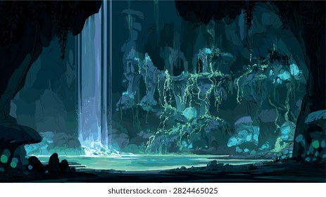 Mysterious Glowing Cave with Enchanted Waterfall and Bioluminescent Plants