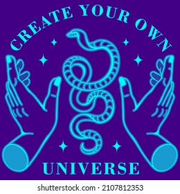 Mysterious glowing vector poster, celestial astrology social media post with witchcraft, hands, snake with inspirational quote. Spiritual, magic, yoga concept.