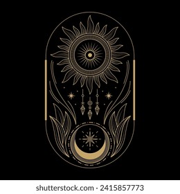 mysterious golden magical sun and moon vector design