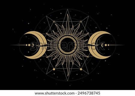 mysterious golden sun and moon vector design