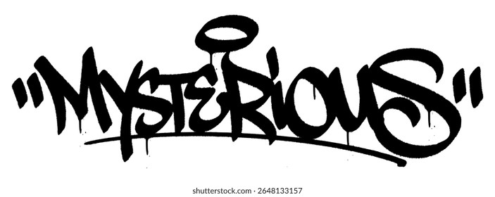 Misterioso graffiti tag em spray preto com gotejamento. Fundo transparente. Vibe urbana escura e intrigante para desenhos masculinos e de rua.