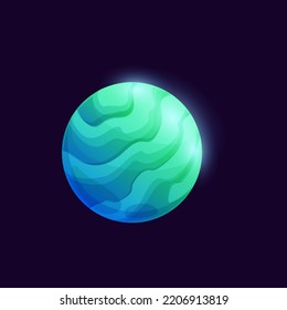 Mysterious green space planet. Vector glowing sphere with spiral atmosphere. Galaxy globe in universe gui game object, fantastic comet, meteor isolated astronomy or astrology science star in far space