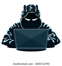 Mysterious hacker in hoodie with laptop on white background. Hacking the Internet. Cyber crime. Vector illustration.