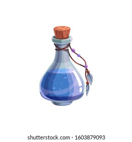 Mysterious Halloween witch potion isolated bottle with blue elixir and feathers. Vector liquid in glass jar