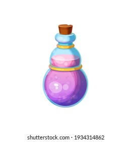 Mysterious Halloween witch potion isolated bottle with purple elixir and wooden cork. Vector liquid in glass jar. Magic elixir in flask, gui rpg game cartoon element. Halloween party object, alchemy