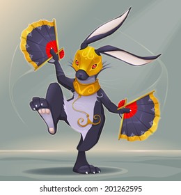 Mysterious hare is dancing with fans in her hand. Cartoon and vector illustration