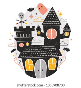 Mysterious haunted castle, cute funny scary ghosts and bats flying around against starry night sky on background. Creepy scene. Colorful vector illustration in flat cartoon style for Halloween.