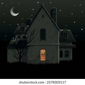 Mysterious haunted house at night with a glowing window, surrounded by leafless trees and a starry sky. Perfect for horror, Halloween, and gothic-themed projects