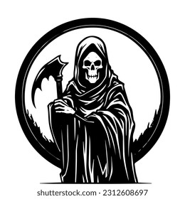 Mysterious and haunting hand drawn illustration of the Grim Reaper, symbolizing the inevitable cycle of life and death.