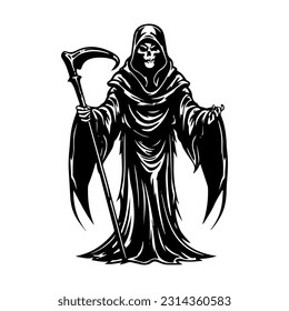 Mysterious and haunting hand drawn illustration of the Grim Reaper, symbolizing the inevitable cycle of life and death.