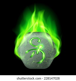Mysterious hexagonal stone with magic rune in green flame