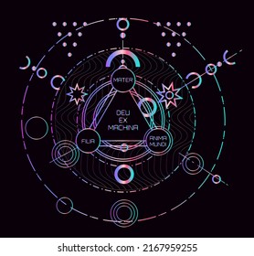 Mysterious holographic alchemical symbols on dark background. Sacred geometry and spiritual art.