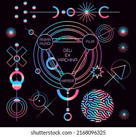 Mysterious holographic alchemical symbols on dark background. Sacred geometry and spiritual art.