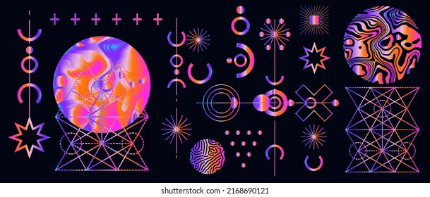 Mysterious holographic alchemical symbols on dark background. Sacred geometry and spiritual art concept.