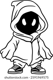 Mysterious hooded character with glowing eyes, wearing a cloak and sneakers. Black and white vector illustration, perfect for stickers, t-shirts, tattoos, posters, and gaming-related designs.