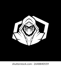 Misteriosa figura com capuz usando uma máscara, usando um capuz, perfeito para esportes eletrônicos, jogos ou poderoso logotipo mascote. Mascote hacker para logotipos de esportes e esportes, preto e branco.