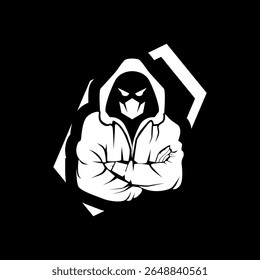 Misteriosa figura com capuz usando uma máscara, usando um capuz, perfeito para esportes eletrônicos, jogos ou poderoso logotipo mascote. Mascote hacker para logotipos de esportes e esportes, preto e branco.