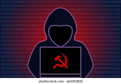 Mysterious hooded Russian hacker with hammer and sickle flat vector editorial illustration