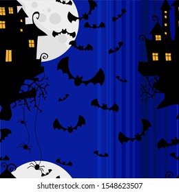 Mysterious house and bats on the full moon. Seamless pattern.