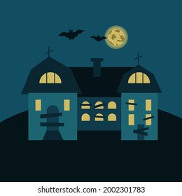 Mysterious house with crosses on the roof, bats on the background of the moon. Gloomy vector illustration for Halloween.