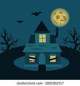 Mysterious house with trees, bats on the background of the moon. Gloomy vector illustration for Halloween.