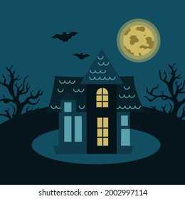 Mysterious house with trees, bats on the background of the moon. Gloomy vector illustration for Halloween.