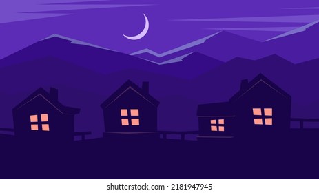 Mysterious houses with luminous windows stand at night on the mountains background. Night villa landscape.