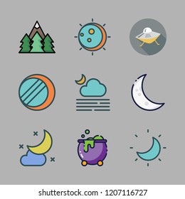 mysterious icon set. vector set about moon, forest, cauldron and eclipse icons set.