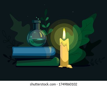 Mysterious illustration of witchcraft attributes at night. Potion bottle, candle and books on leaves background. Halloween vector illustration. Still life Halloween