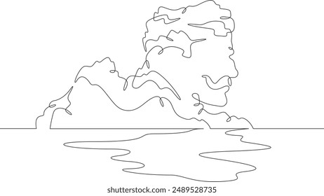 Mysterious islands in the form of a male human head. Head-shaped cliff. Mountain seascape.One continuous line. Line art. Minimum one line. White background. One line drawing.