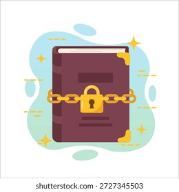 Mysterious knowledge book locked with heavy golden chain and shiny padlock flat design vector empty state ui graphic illustration