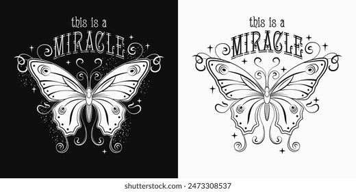 Mysterious label with fantasy butterfly with curled antennae, stretched wings, text. Art Nouveau style. Black and white illustration in vintage style.