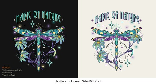 Mysterious label with fantasy colored dragonfly, chamomile flower, text Magic of nature. Vintage style. Editable text graphic style is included. For clothing, apparel, T-shirts, surface decoration.