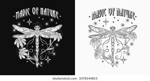 Mysterious label with fantasy colored dragonfly, chamomile flower, text Magic of nature. Vintage style. Editable text graphic style is included. For clothing, apparel, T-shirts, surface decoration.