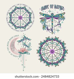 Mysterious labels with fantasy dragonfly, chamomile flower, moon, text. Vintage illustrations on white background. For clothing, apparel, T-shirts, surface decoration.