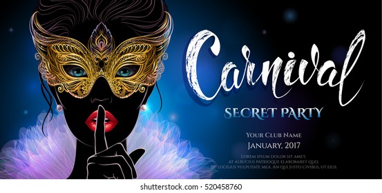 A Mysterious Lady In Carnival Mask Put A Finger On Lips In A Hush Gesture. Beautiful Concept Design With Hand Drawn New Year Lettering For Greeting Card, Party Invitation Banner Or Flyer.