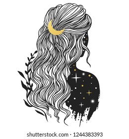 Mysterious lady and moon in her hair  Vector hand drawn illustration in boho style