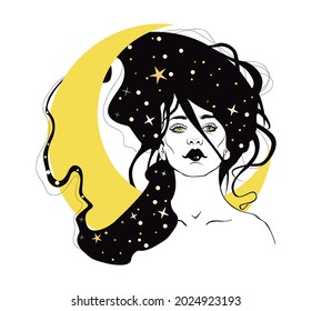 Mysteriöse Dame mit Mond im Haar. Vektorhandgezeichnete Illustration im Boho-Stil.