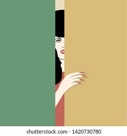 A mysterious lady peeks out between two partitions in a minimalist fashion and beauty illustration.