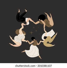 Mysterious Magic Female Circle.Women Dancing Ritual,voodoo dance hold hand together.Esoterics Witches.Sacred Woman Power.Feminine,Female Empowerment Energy.Advertisement,Flyer Flat Vector Illustration