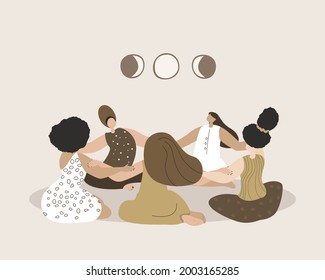 Mysterious Magic Female Circle.Women Round,Girls hold hand together.Esoterics Witches.Sacred Woman Group Power.Feminine Meeting,Female Empowerment Energy Union.Advertisement,Flat Vector Illustration