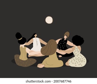 Mysterious Magic Female Circle.Women Round,Girls hold hand together.Esoterics Witches.Sacred Woman Group Power.Feminine Meeting,Female Empowerment Energy Union.Advertisement,Flat Vector Illustration