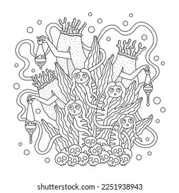 Mysterious magic ritual. Underwater sea witches. Funny little mermaids. Dark fantasy creatures. Coloring page. Cartoon vector illustration. Outlined hand drawn artwork. Black lines. Isolated