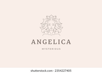 Mysterious magic woman lion mane portrait minimal line art logo design template vector illustration. Mystic sacred fantasy female animal character face emblem for beauty salon cosmetology coiffure