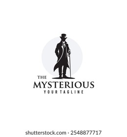 Mysterious Man Character Logo Design in Top Hat with Walking Stick vector illustration design